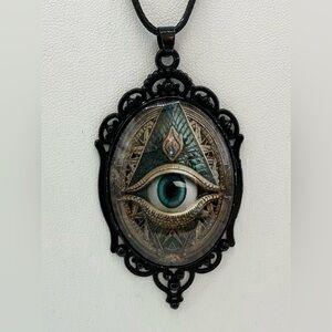 MYSTICAL ALL SEEING EVIL EYE PYRAMIN CORDED PENDANT CAMEO STYLE NECKLACE